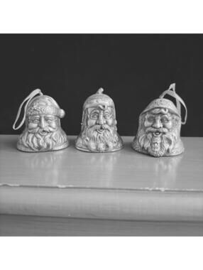 Vintage Kurt Geiger pewter Santa Claus faces ornament bell 1994 - set of 3